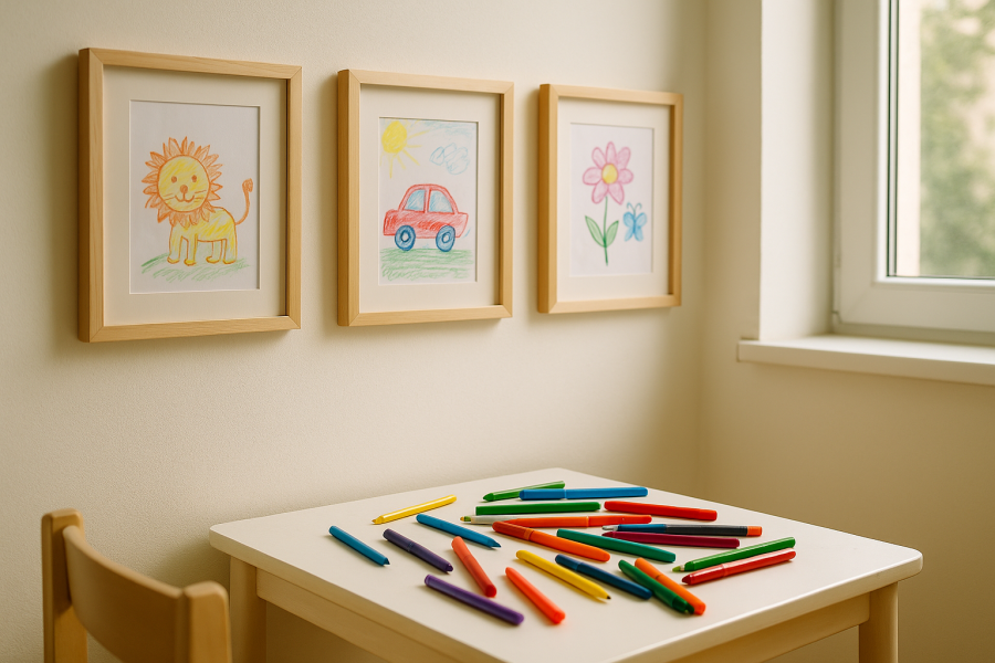 Drei gerahmte ausgemalte Bilder an einer hellen Kinderzimmerwand über einem kleinen Tisch