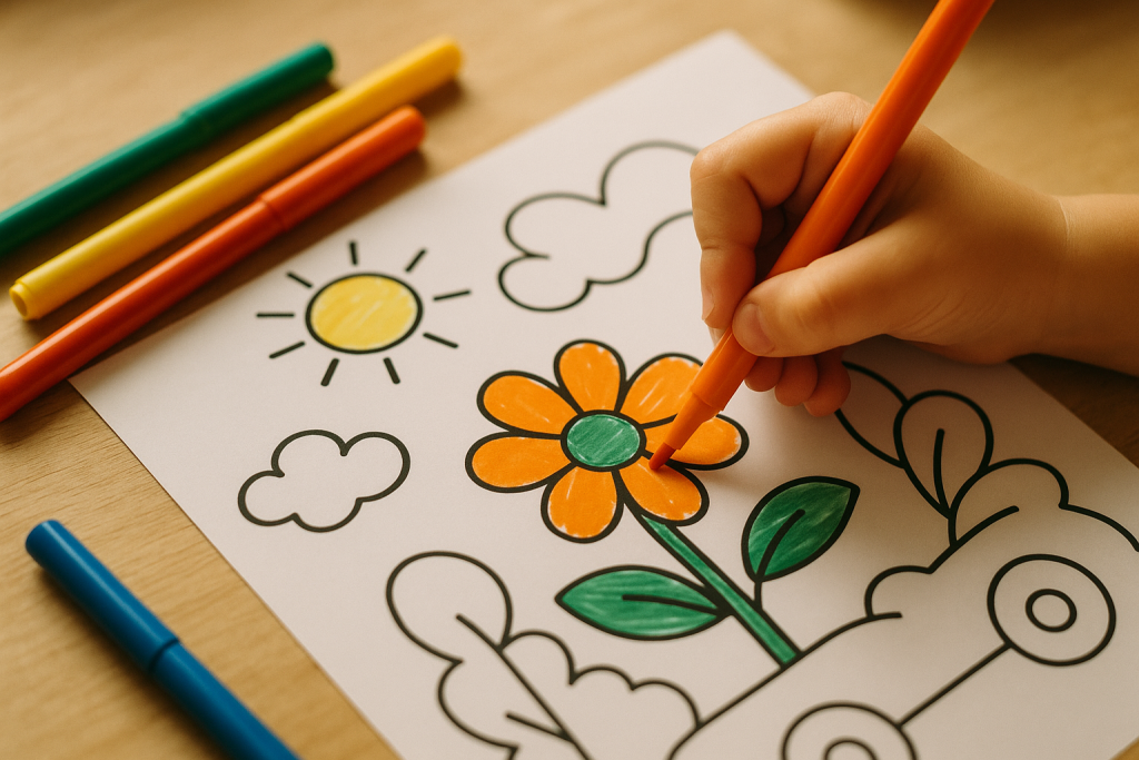 Ausgedrucktes Motiv auf festem Papier wird mit Filzstiften ausgemalt