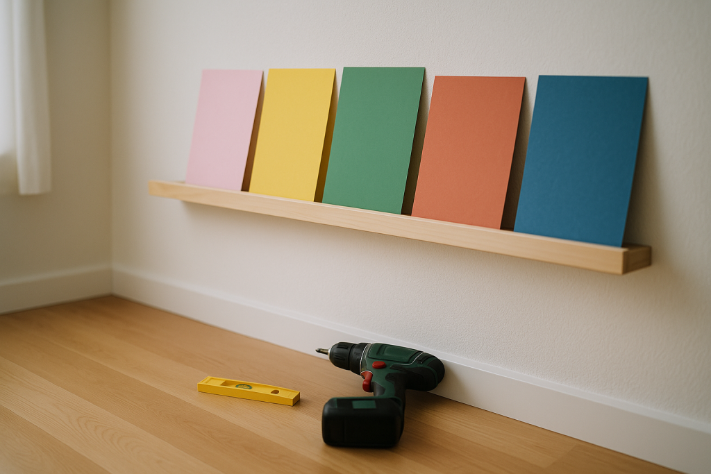 Schmale Holzleiste an der Wand mit angelehnten ausgemalten Blättern, Akkubohrer am Boden