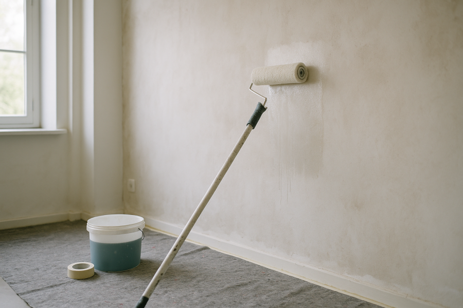 Rolle trägt Grundierung auf eine unverputzte Wand in einem leeren Renovierungszimmer auf