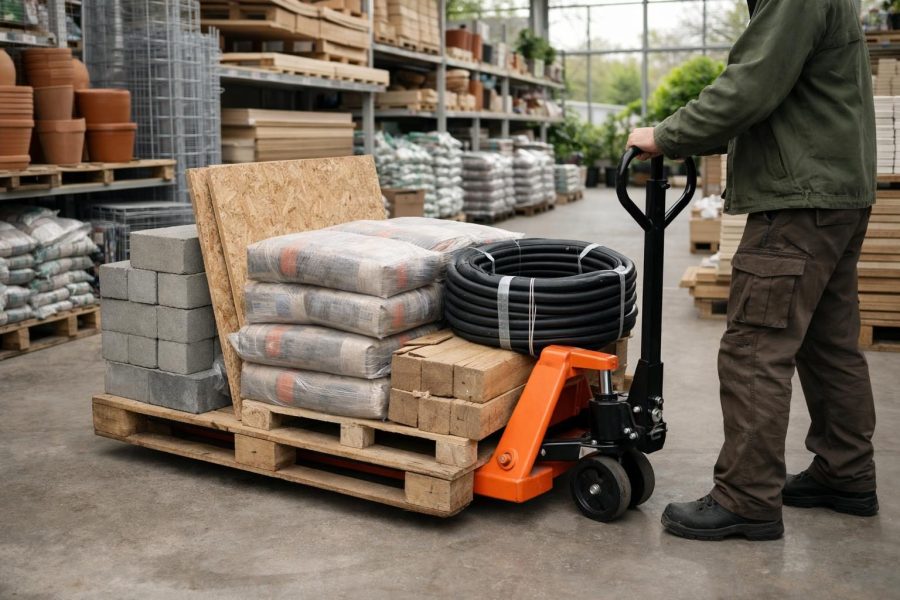 Schwere Lasten im Baumarkt mit Hubwagen transportieren