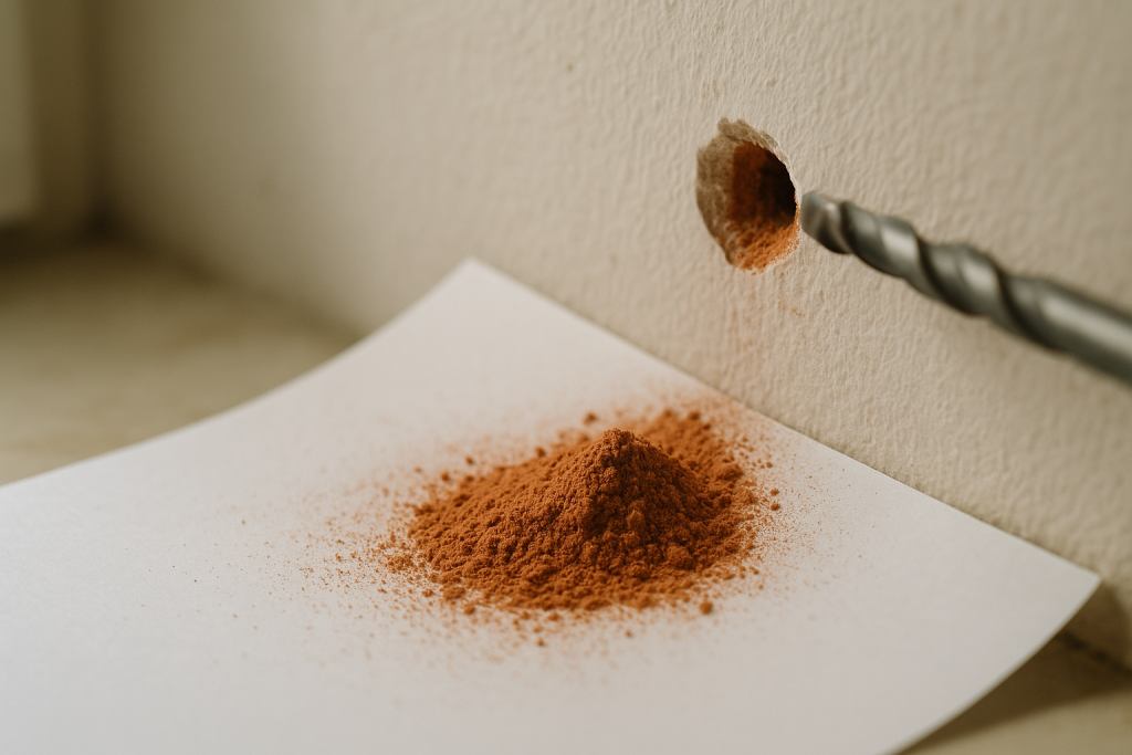 Rotbrauner Bohrstaub auf einem weißen Blatt Papier unter einem frischen Bohrloch