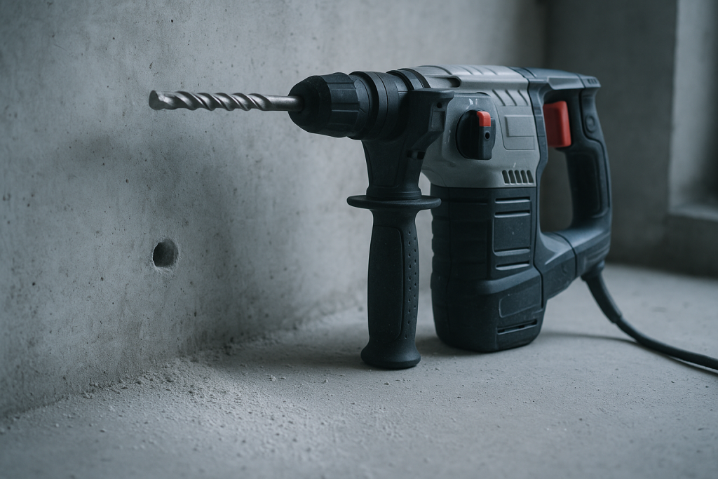 Bohrhammer mit SDS-Plus-Bohrer vor einer Betonwand mit frisch gebohrtem Loch