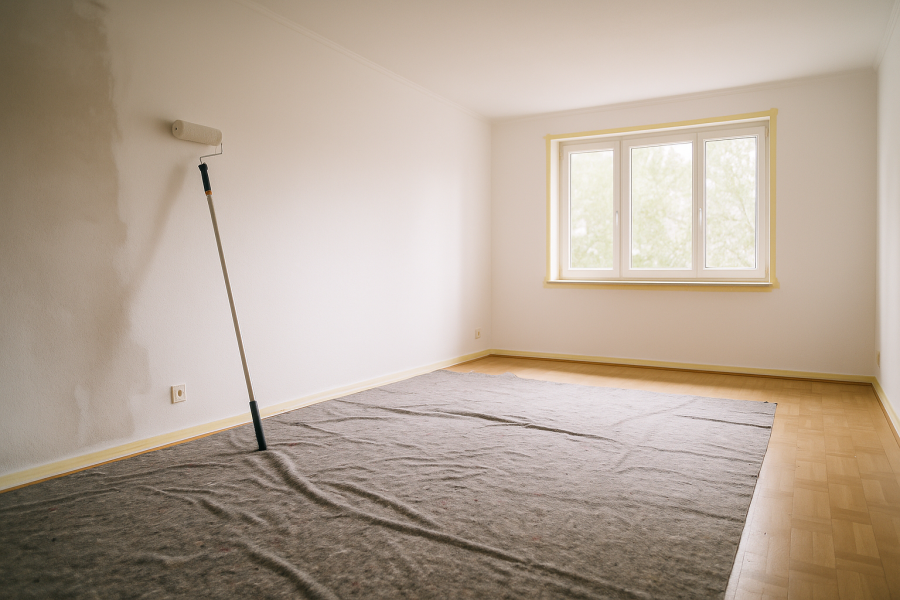 Leerer Raum mit abgedecktem Boden und frisch gestrichener weißer Wand