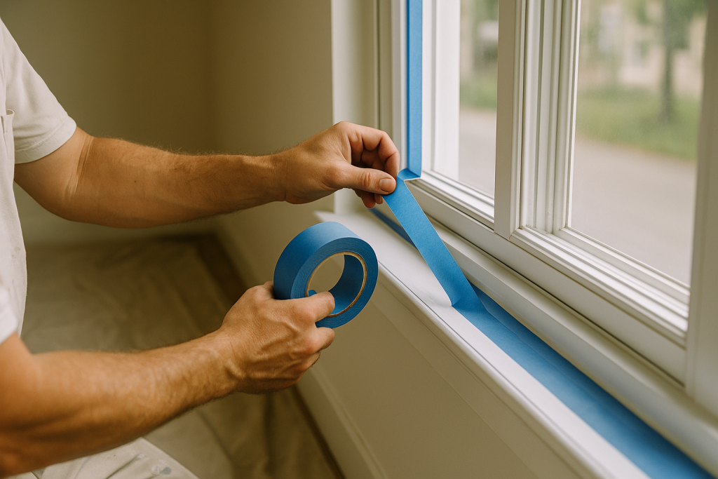 Fensterrahmen wird in einem leeren Zimmer mit Kreppband abgeklebt