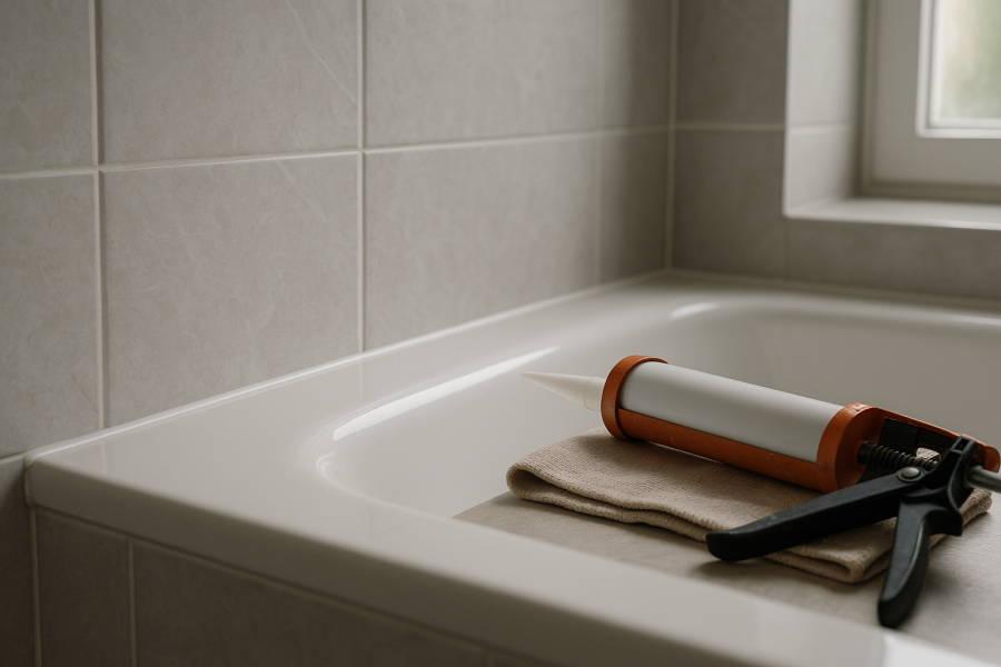 Frisch gezogene weiße Silikonfuge zwischen Badewanne und Wandfliesen