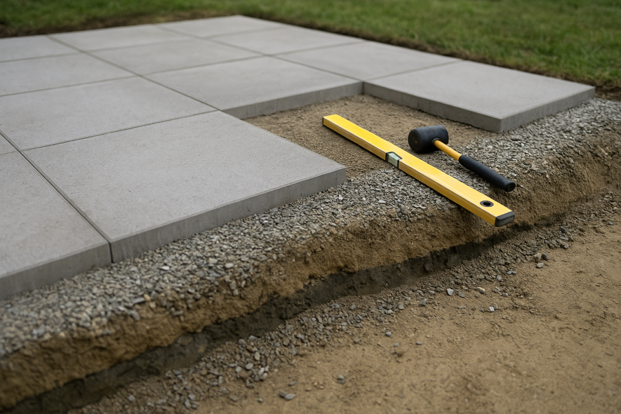 Terrasse im Bau mit verlegten Betonplatten und offener Kante auf Splittbett